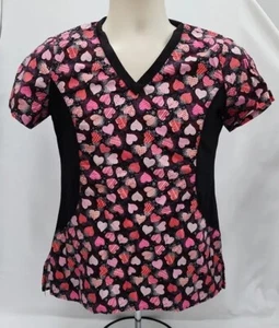 White Cross Scrub Valentine Pink Hearts Black Paneled Slimming Small V Neck - Picture 1 of 3