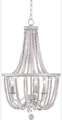 Kenroy Boho Coastal French Country Wood Bead 3lt Chandelier Chippy White 93133WW - Image 1 of 4