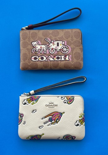 Rara Coach da collezione stampa angolo zip piccolo braccialetto firma tela pvc nuova con etichette