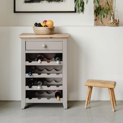 Dove Grey Wine Rack Side Cabinet with Drawer | Holds 16 Bottles Wood Console - Image 1 of 4