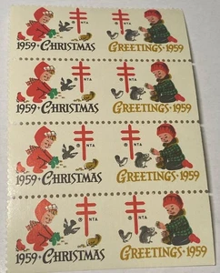 1959 Christmas Seals Experimental Vertical Imperforations Block of 8 - Picture 1 of 2