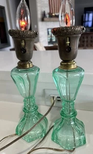 WORKS! 2 Electrified Westmoreland Green Uranium Glass Whale Oil Lamps Set - Picture 1 of 15
