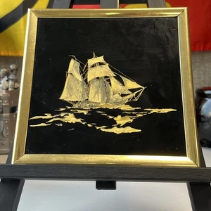 Vintage Kafka Industries Goldfolie Kunst Radierung Segelboot Bild 6 1/4 mal 6 1/4 - Bild 1 von 2