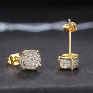 Iced Out Stud Earrings Gold Plated With Cubic Zirconia Hip Hop Jewelry Men Women - Picture 1 of 10