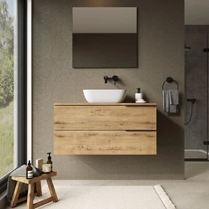 Celtic 1000mm Wall Hung Bathroom Vanity Unit with Matching Worktop - Ostippo Oak - Picture 1 of 8
