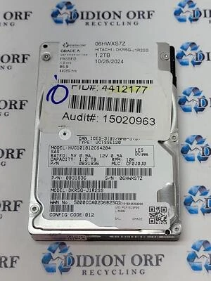 HITACHI 1.2TB 2.5" SAS HDD 10000 RPM HUC101812CS4204, GRADE A, SKU 13100 - Image 1 of 2
