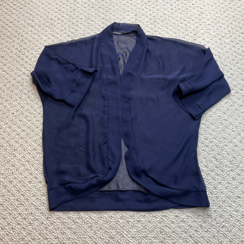 Boohoo Kimono Top Womens Small Open Front Sheer 3/4 Sleeve Navy Blue Shirt Light - Image 1 of 4
