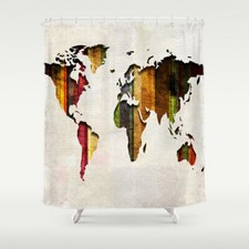 World Map Shower Curtain Stripes on Fabric Bathroom