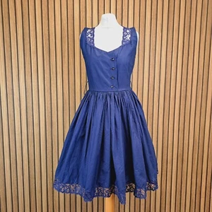Abito Sika taglia 3 UK 12 blu navy aderente svasato lunghezza ginocchio senza maniche 100% cotone - Foto 1 di 12