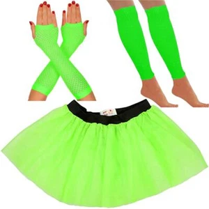 GREEN NEON TUTU GLOVES LEG WARMERS FISHNET GLOVES 1980S  COSTUME ST PATRICKS DAY - Picture 1 of 1