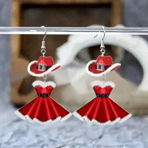 Christmas Red Dress & Hat Long Drop Acrylic Earrings Women Holiday Gift New - Picture 1 of 7