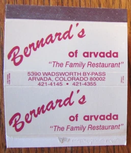 MATCHBOX COVER: BERNARD'S RESTAURANT ARVADA, COLORADO EMPTY MATCHCOVER -C15 - Bild 1 von 1