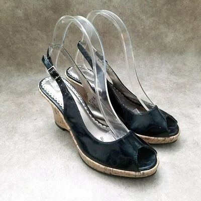 Sandalias de cuña Rampage Brigid para mujer talla 6,5 negras punta abierta con cordones de 3,5" Foto 1 de 4