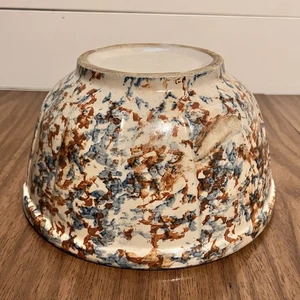 Antique Spongeware Stoneware Mixing Bowl 10.25” Blue Brown Primitive Glaze - Picture 1 of 24