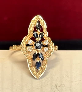 ANILLO ORO 14K ZAFIRO AZUL Y DIAMANTES ANTIGUO NAVETTE PIEDRAS PRECIOSAS NATURALES ANTIGUO - Imagen 1 de 15