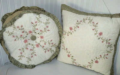 FLORAL EMBROIDERED THROW PILLOWS ROUND SQUARE PINK GREEN CREAM BEIGE VGC - Image 1 of 4