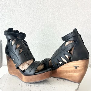 NEW Lane Boots BECCA Womens Black Wedges 7.5 Western Sandals Cowgirl Leather - Picture 1 of 11