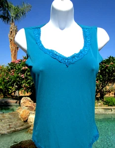 V-neck stretch sleeveless top teal S/M 30-36" bust lace trim blouse - Picture 1 of 2