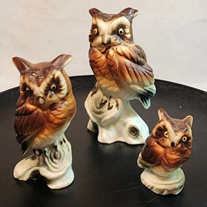 Vintage lot of three Owl Miniature Ceramic Figurines Retro Brown Detailed Tiny - Picture 1 of 4