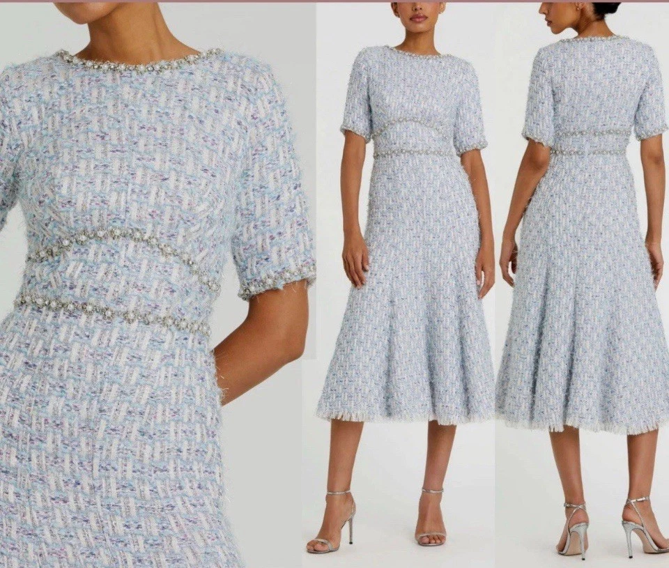 NUEVO CON ETIQUETAS $398 Vestido Mac Duggal [12] 20806 Manga Corta Cuentas Borde Boucle Midi J981 Foto 1 de 4