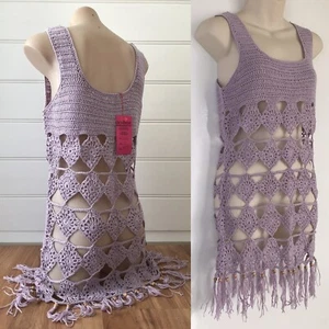 REVERSE Crochet TASSEL Mini DRESS Size M 8 10 Lilac BIKINI Cover-Up FESTIVAL - Picture 1 of 7