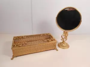 60s HOLLYWOO REGENCY Vanity Swivel Mirror &Tissue Box Filigree Ormolu Gold Plate - Picture 1 of 12