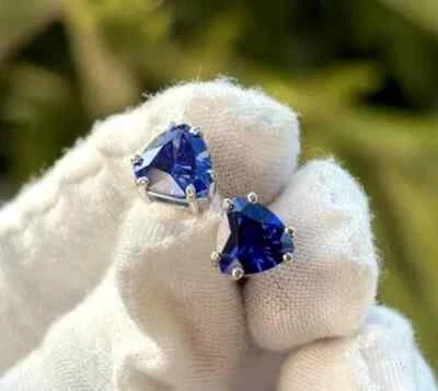 Trillion Cut Lab Created Sapphire 14K White Gold Plated Women's Stud Earrings - Image 1 of 4