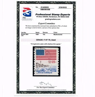 EXCELLENT GENUINE SCOTT #1891 POSTALLY USED COIL SINGLE PSE CERT GRADED F-VF 75 - Image 1 of 3