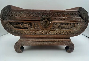 Vintage Hand Carved Wood Jewelry Box With Music Box Chinese Red Wood Junk Boats - Picture 1 of 18