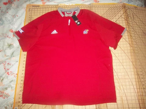MENS XL ADIDAS RED/GRAY NCAA KANSAS JAYHAWKS SS ATHLETIC ZIP COLLAR SHIRT - NWT Cover