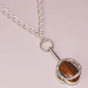 Natural Iron Tiger's Eye Gemstone Jewelry 925 Sterling Silver Plated Necklace - Picture 1 of 2