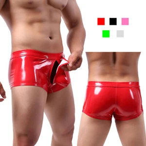 Sexy Gay Underwear for Men Faux Leather Wet Look Open Crotch Pouch Boxer Shorts - Picture 1 of 16