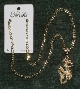 Dragon Rhinestone Pendant & 24" Necklace Chain Goldtone Bling Fashion Jewelry - Picture 1 of 4