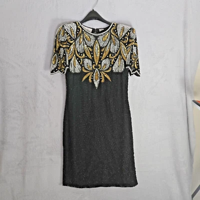 LAURENCE KAZAR Size M Black Gold Silver Bead Sequin Silk Cocktail Dress - Image 1 of 4