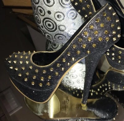👠Shiekh Negro y Dorado Tacones 5” FABULOSOS 5” Brillo Pico Dorado Bombas Talla 6 Foto 1 de 4
