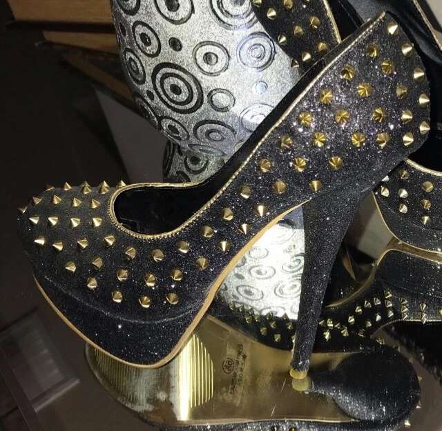 👠Shiekh Negro y Dorado Tacones 5” FABULOSOS 5” Brillo Pico Dorado Bombas Talla 6 Foto 1 de 4