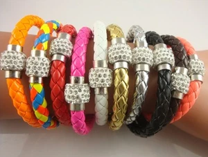 PU Leather Shamballa Magnetic Clasp Crystal Bracelet GOLD colour Sparkly Cuff - Picture 1 of 4