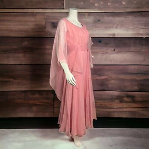 VINTAGE Rose Taft Couture Designer Pastel Goddess Cape Dress Pink Chiffon Size 2 - Picture 1 of 8