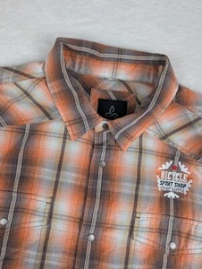Prana Short Sleeve Metal Snap Shirt Mens Large Orange Plaid w/Logo - Picture 1 of 9