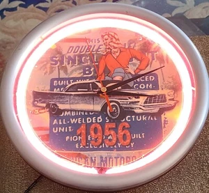 WORKING MAN CAVE HANGING RED NEON CAR CLOCK WITH BLONDE DATED 1956 - Picture 1 of 24