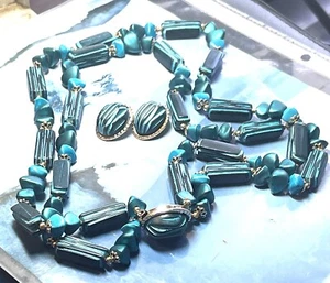 Rare Vintage 2 Strand Turquoise color Necklace/Matching Earrings Set, Hong Kong - Picture 1 of 12