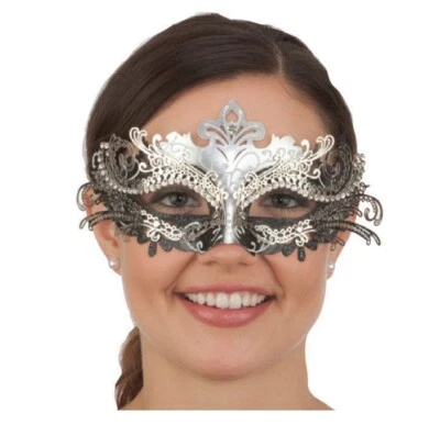 Mardi Gras Venetian Mask - Silver/Black - Metal Filigree - Costume Accessory - Image 1 of 2