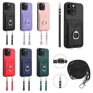 Custodia telefono portafoglio a tracolla per iPhone 16 Pro Max 15 14 13 12 con supporto ad anello - Foto 1 di 19