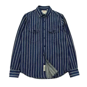 Men's Vintage Retro American Striped L/S Button Up Workwear Pocket Denim Shirt - Picture 1 of 16