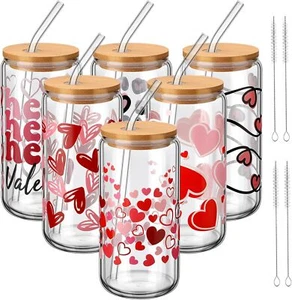 6 Pcs Valentine's Drinking Glasses 16oz Hearts Cup with Bamboo Lid & Glass Straw - Picture 1 of 6