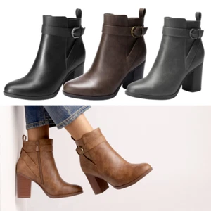 Women Fashion Booties High Chunky Heel Round Toe Zip Up Ankle Boots - Picture 1 of 38