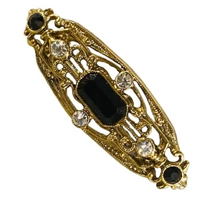 Art Deco Pin Brosche Goldton Kunstschwarz Onyx Klar Strass Vintage Schmuck - Bild 1 von 24