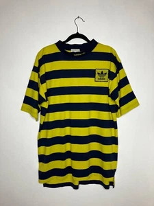 T-shirt vintage Adidas giallo a righe blu retrò grande - Foto 1 di 8
