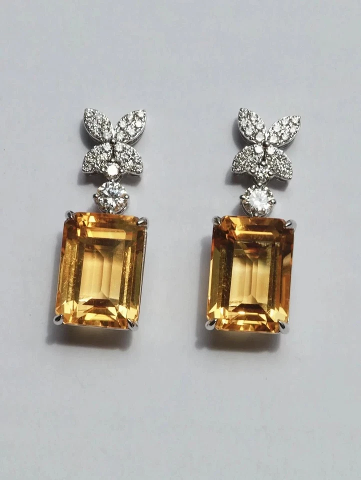Pendientes de diamantes citrinos naturales esmeralda de 6,00 quilates de oro blanco macizo de 14 k Foto 1 de 4