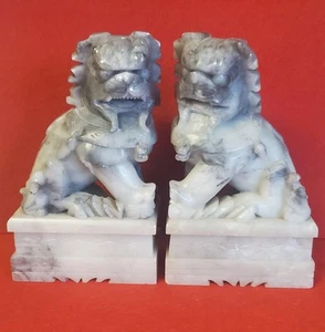 Chinese Stone Marble Soapstone Foo Fu Dog Lion Guardian Statue Pair Bookends 7"H - Picture 1 of 12